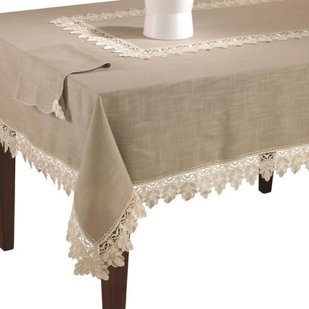 SARO LIFESTYLE SARO  120 in. Greek Key Rectangle Saro Taupe Lace Trimmed Tablecloth - Taupe 9212.T65120B